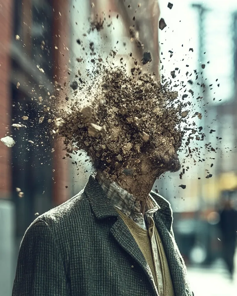 A man in a dark green coat stands on a city street.  His head is exploding in a dramatic burst of brown earth and debris. The image is sharply focused on the man, with the background blurred, creating a surreal and unsettling effect.  The overall tone is dark and gritty, suggesting violence or destruction.