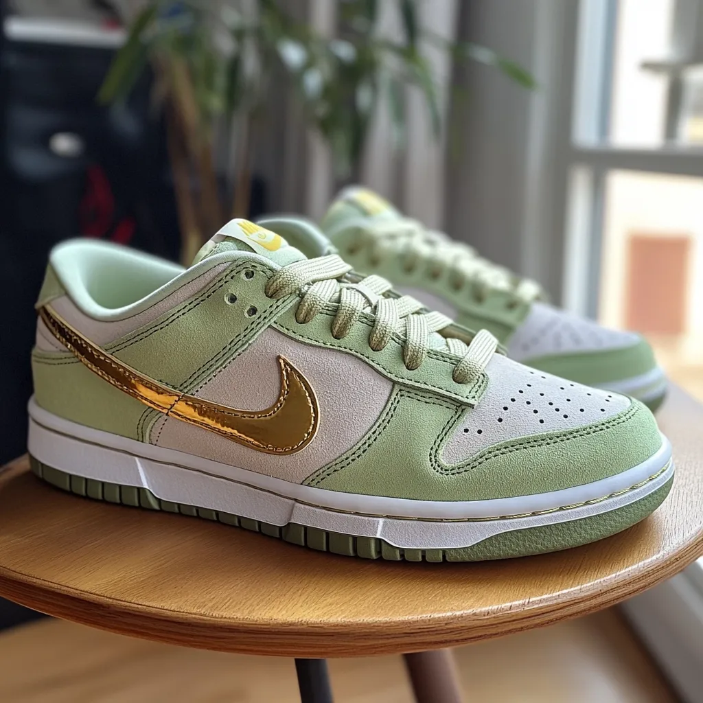 A close-up shot showcases a pair of Nike Dunk Low sneakers in a pastel green and off-white color scheme. The shoes feature a metallic gold Nike swoosh, adding a touch of luxury. The image highlights the soft suede texture and subtle perforations on the toe box.  The sneakers rest on a light wooden surface, emphasizing their delicate and stylish design.  A second shoe is partially visible in the background.