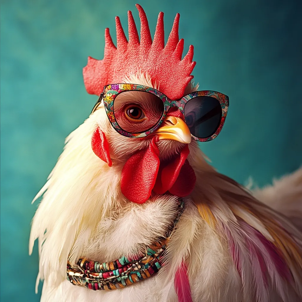 A stylish white rooster sports a pair of colorful sunglasses and a beaded necklace.  Its vibrant red comb stands tall, and its feathers are fluffy and pristine. The rooster is positioned against a teal backdrop, creating a striking contrast.  The overall image is humorous and whimsical, showcasing a fashionably dressed fowl.