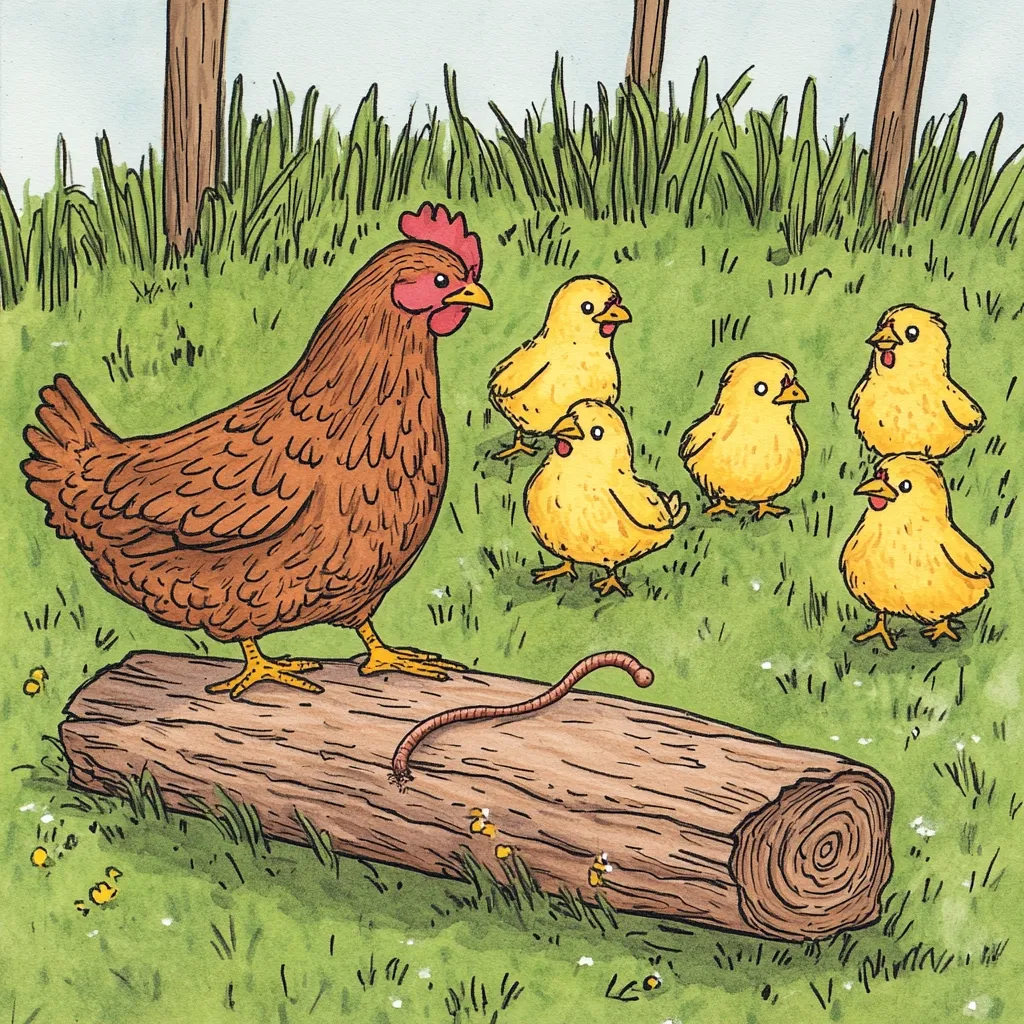A brown hen stands on a log in a grassy area, observing four small yellow chicks.  A worm is visible on the log. The scene is idyllic, with trees in the background, suggesting a peaceful farmyard setting. The illustration style is whimsical and childlike.
