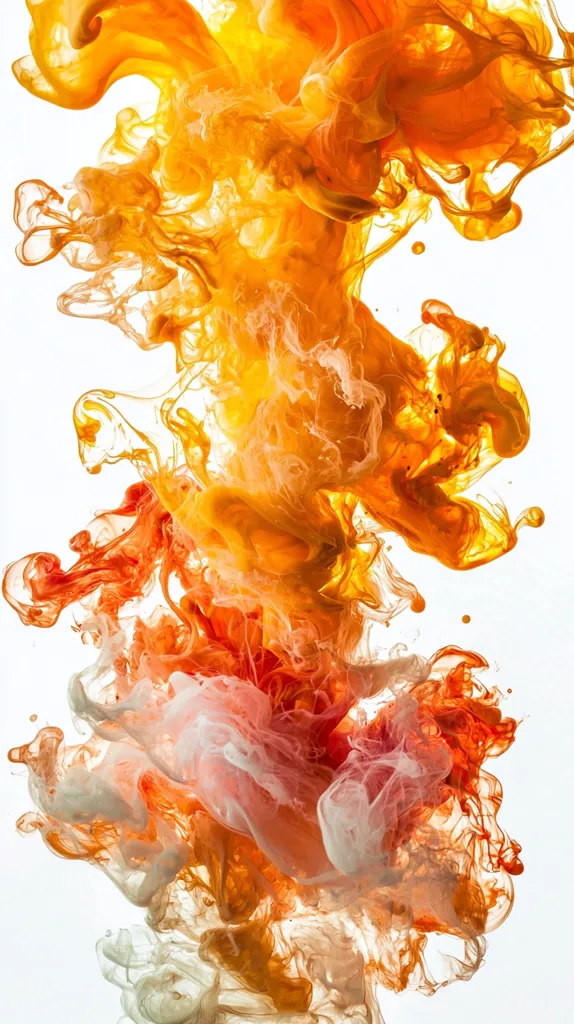 A vibrant abstract image showcases swirling hues of orange, red, and white, resembling a cloud of smoke or paint diffused in water.  The colors blend and intermingle, creating a dynamic and textured effect against a stark white background. The composition is dominated by the intense orange tones, with lighter shades providing contrast and depth. The overall impression is one of fluidity and artistic expression.