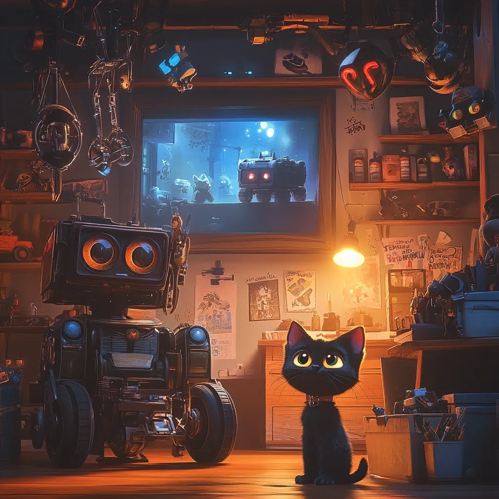 A whimsical workshop scene features a charming steampunk-style robot and a curious black kitten.  The cluttered room is filled with tools, gadgets, and artwork, hinting at a creative and inventive space. A window displays a nighttime cityscape with miniature vehicles, adding to the fantastical atmosphere. The warm lighting enhances the cozy and slightly mysterious ambiance.