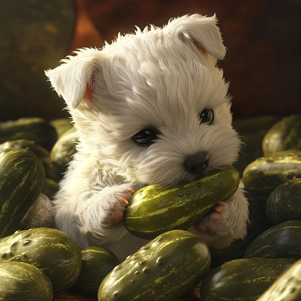 A fluffy white West Highland White Terrier puppy is nestled amongst a pile of green pickles.  The puppy is holding a pickle in its paws, its dark eyes wide and curious.  The scene is softly lit, highlighting the puppy's fur and the texture of the pickles. The overall impression is one of playful charm and unexpected juxtaposition.