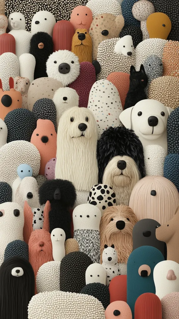 A dense cluster of whimsical, textured animal figures.  Dogs of various breeds and colors are prominent, alongside creatures resembling sheep, cats, and abstract, blob-like forms. The texture is consistently bumpy and slightly fuzzy, giving the image a soft, 3D-printed aesthetic. The overall palette is muted and earthy, with creams, browns, and blacks dominating.  The scene is playful and inviting, suggesting a collection of unique, handcrafted characters.