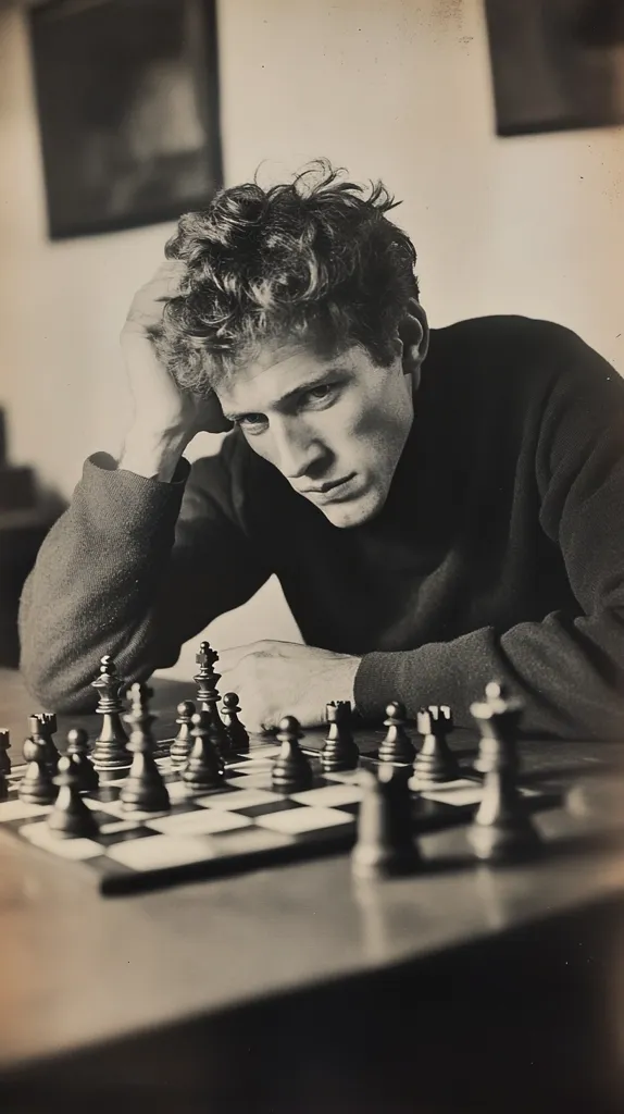 A black and white photograph captures a young man with curly hair, intently focused on a chessboard.  His hand rests on his head, a thoughtful expression on his face as he contemplates his next move. The setting is simple, with a picture on the wall behind him, suggesting a quiet, contemplative atmosphere. The image emphasizes the intensity of the game and the player's concentration.
