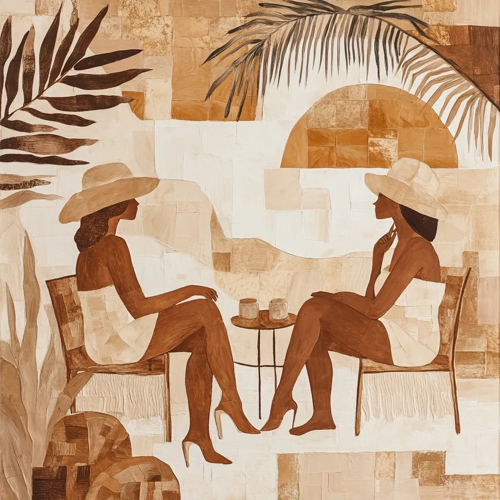 Two women in wide-brimmed hats sit at a small table outdoors, enjoying drinks.  The artwork is rendered in earth tones, using a collage-like technique with textured blocks of beige, brown, and cream.  Palm fronds and a stylized sun add to the relaxed, tropical atmosphere. The women are depicted with dark skin, their poses conveying quiet conversation and relaxation.  The overall style is minimalist and elegant.