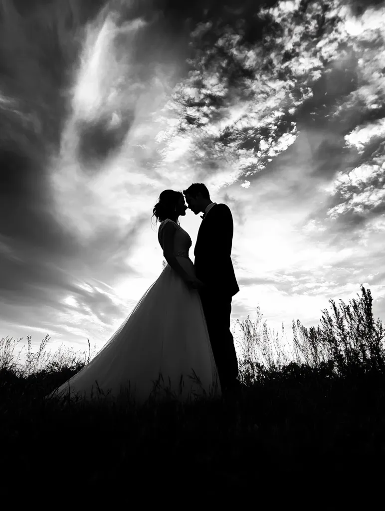 A black and white silhouette of a bride and groom embracing under a dramatic sky.  The bride's flowing wedding gown contrasts with the groom's suit.  The couple stands in a field of tall grass, silhouetted against a backdrop of clouds at sunset or sunrise.  The image conveys a sense of romance and intimacy.