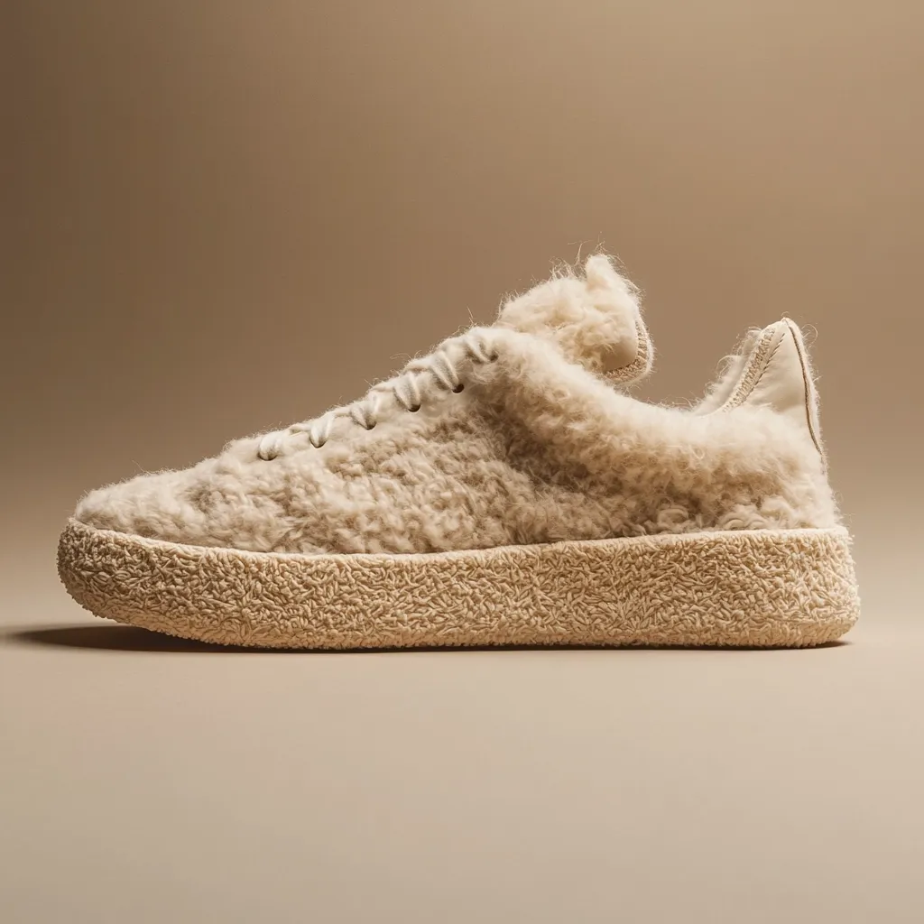 A beige, fuzzy sneaker is shown against a neutral background.  The shoe is entirely covered in a fluffy, textured material resembling shearling, even on the sole.  It features a simple lace-up design and a low-profile silhouette.  The overall aesthetic is minimalist and cozy, suggesting warmth and comfort.