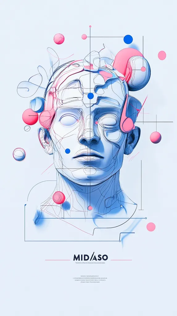 A stylized, three-dimensional bust of a man's head is depicted, rendered in cool blues and outlined with thin lines, suggesting a blueprint or wireframe.  Surrounding the head are abstract, biomorphic shapes in pink and blue, and small spheres.  Geometric lines connect elements across the image. The overall style is clean, minimalist, and futuristic.  "MID/ASO" is inscribed at the bottom, indicating likely artist or project information.