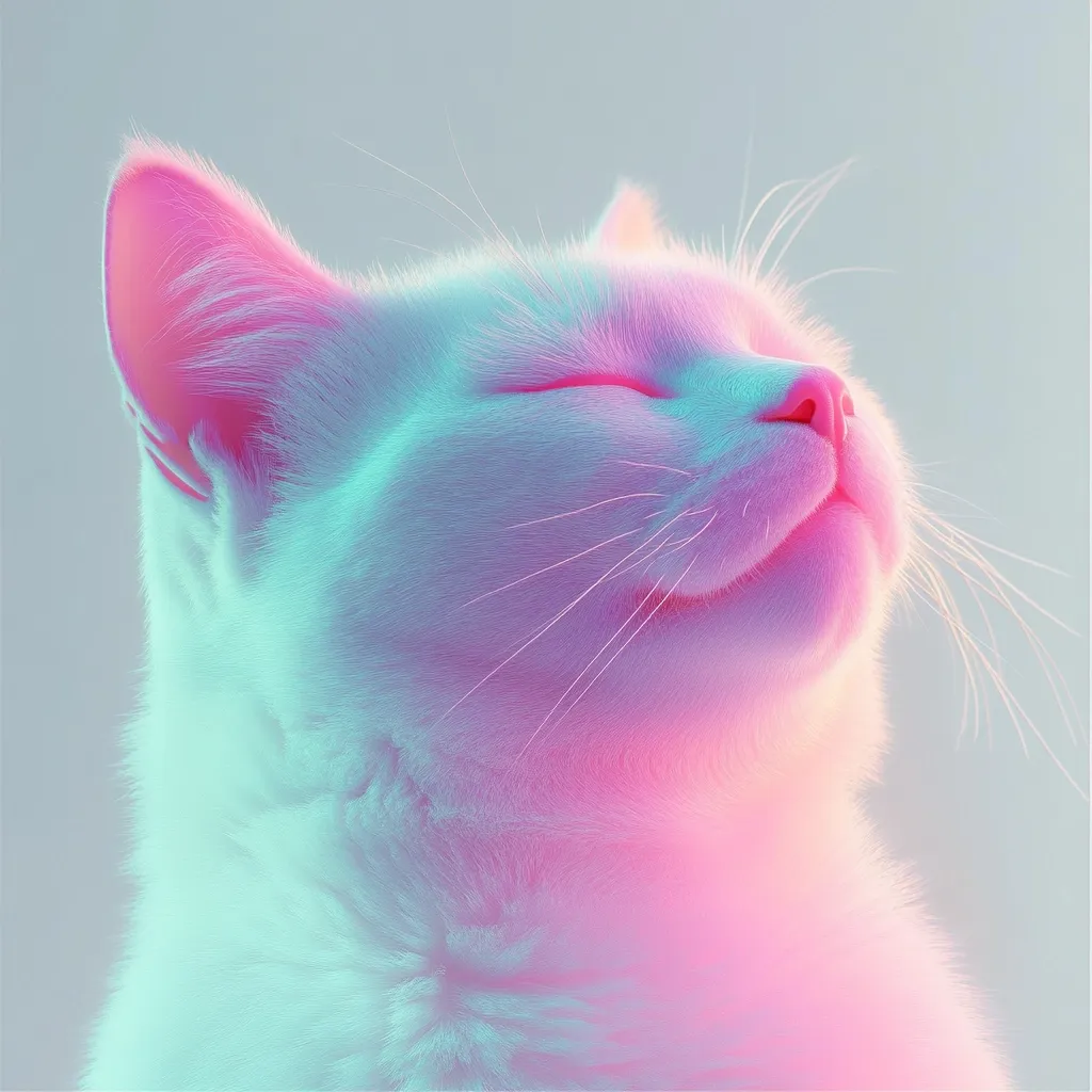 A white cat, bathed in pastel pink and teal light, is depicted with its eyes closed, appearing serene and content.  Its fur is softly illuminated, giving a dreamy, almost ethereal quality to the image. The cat's relaxed posture and expression convey a sense of peace and tranquility. The overall aesthetic is soft, calming, and visually appealing.
