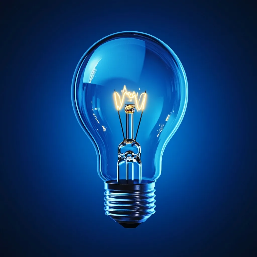 A glowing light bulb is showcased against a deep blue backdrop.  The bulb's filament is brightly lit, emitting a warm yellow light against the cool blue tones. The glass is clear, allowing the internal components to be easily seen. The image is sharply focused, emphasizing the detail of the bulb and its subtle metallic base.  The overall impression is one of clarity and illumination.