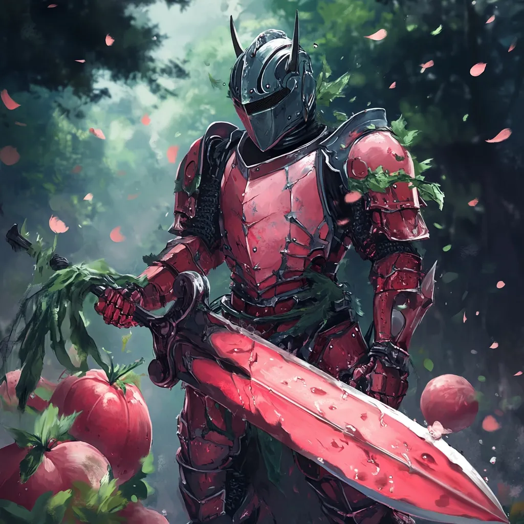 A knight in vibrant red armor, adorned with vines and blossoms, stands amidst a garden.  Their helmet is dark grey with horns, and they wield a large, crimson sword that seems to drip with moisture.  Ripe, red tomatoes surround their feet, creating a striking contrast between the warrior and the peaceful setting.  Falling petals suggest a serene, yet slightly mystical atmosphere.