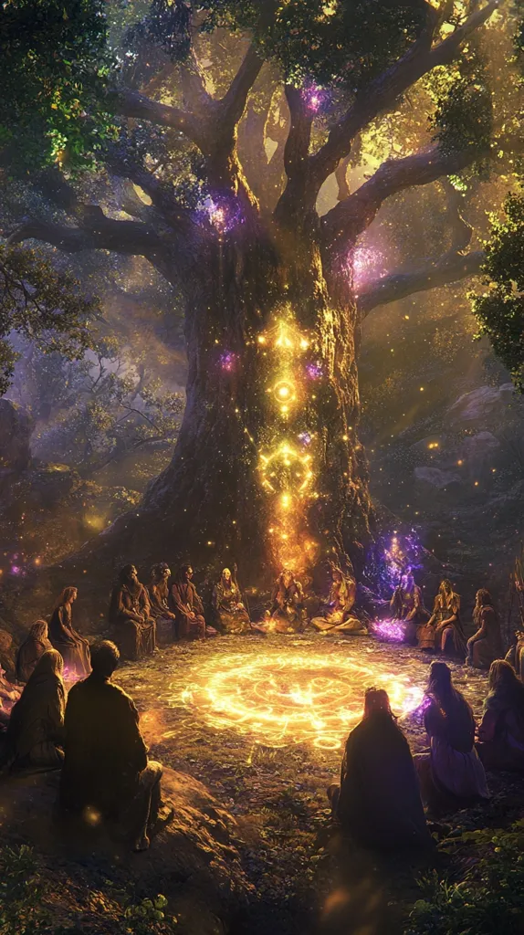 A mystical scene unfolds around an ancient, glowing tree in a forest.  People are gathered in a circle at its base, a luminous symbol etched onto the tree's trunk.  Golden and purple light emanates from the tree and the circle, creating an ethereal atmosphere. The figures appear to be engaged in a ritual or ceremony, bathed in the magical light of the enchanted forest.
