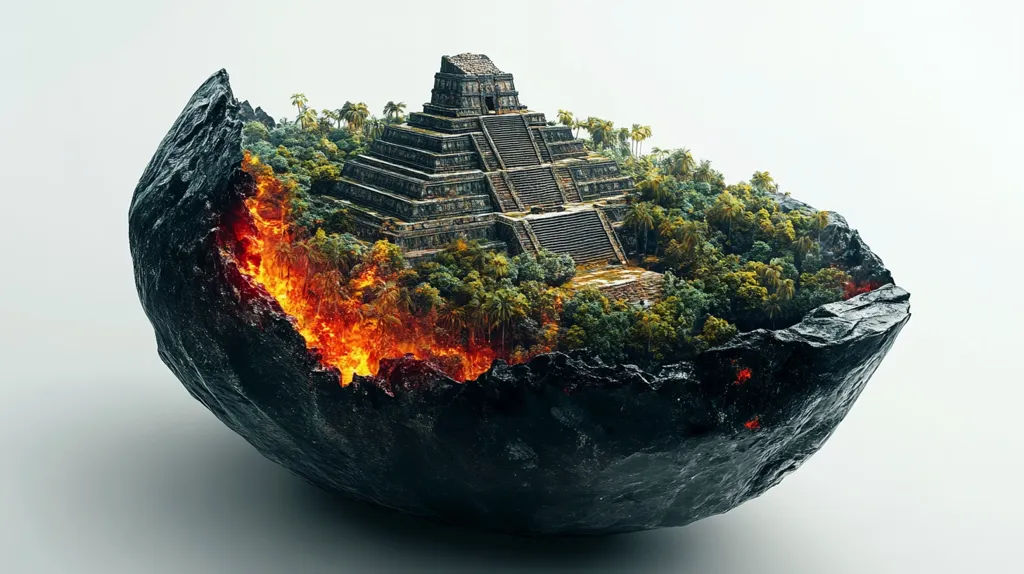A digital artwork depicts a Mayan pyramid nestled within a lush, tropical environment.  This miniature world sits atop a fractured, volcanic rock, with fiery lava glowing from within the crevice. The contrast between the ancient structure, vibrant greenery, and burning rock creates a striking, surreal image.  The overall effect is one of both beauty and potential destruction.