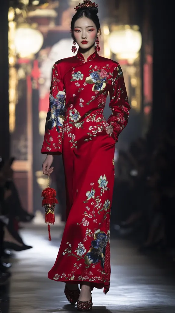 A model walks a runway in a striking red qipao.  The long-sleeved dress features intricate floral embroidery in shades of blue and white, accented by a mandarin collar.  She wears ornate red earrings and a headpiece, complementing the vibrant red of the garment. A tassel hangs from her hand.  The overall effect is one of elegant sophistication and cultural richness.