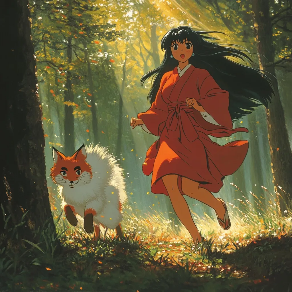 A young woman with long black hair, wearing a flowing red kimono, runs through a sun-dappled forest.  A fluffy white fox with orange accents trots alongside her.  The scene is peaceful and evokes a sense of magical adventure.  Autumn leaves fall gently around them, creating a vibrant and enchanting atmosphere.  The artwork style is reminiscent of anime.