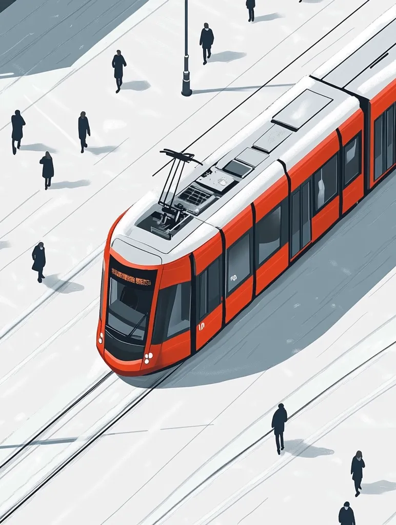 A vibrant red modern tram glides along clean, snow-covered tracks.  Pedestrians, rendered as small, dark figures, are sparsely scattered across the wide, pale expanse of the city street, creating a sense of calm amidst urban transit. The overhead view emphasizes the tram's sleek design and the quiet efficiency of the scene.  The overall style is minimalist and graphic.