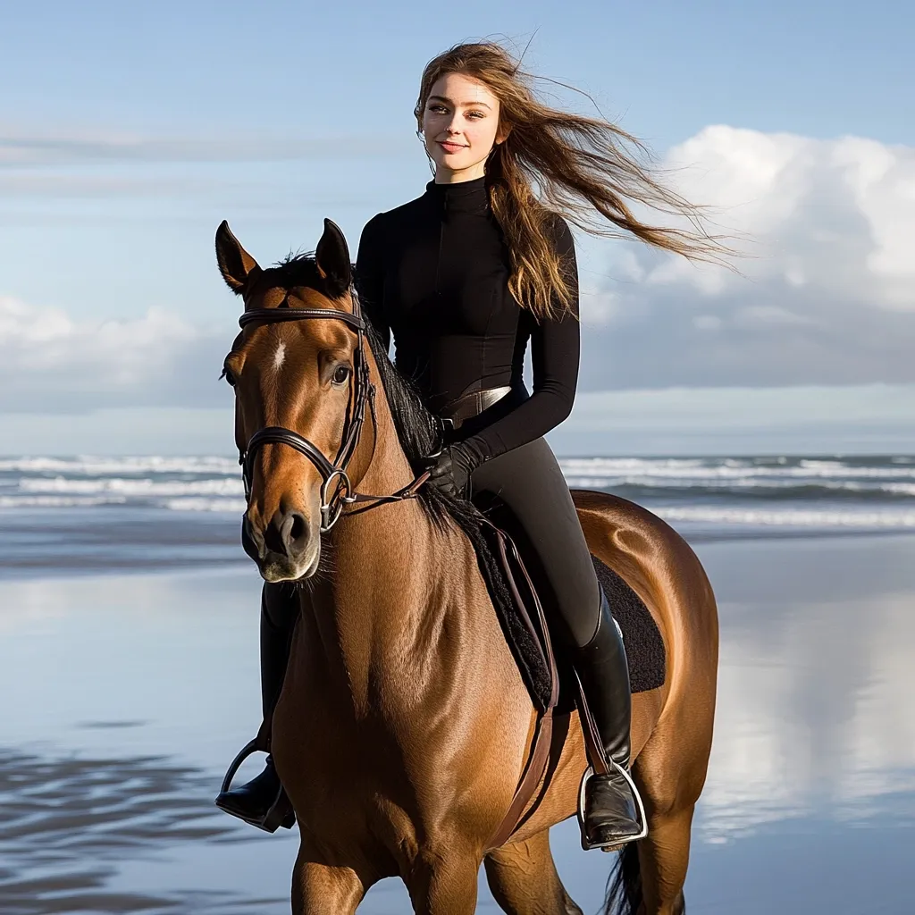 A young woman with long brown hair rides a chestnut horse along a beach.  She wears a black long-sleeved shirt, black breeches, and black riding boots. The ocean waves gently lap the shore behind them, and the sky is a clear blue with some clouds.  The scene is peaceful and serene, showcasing the beauty of the horse and rider.