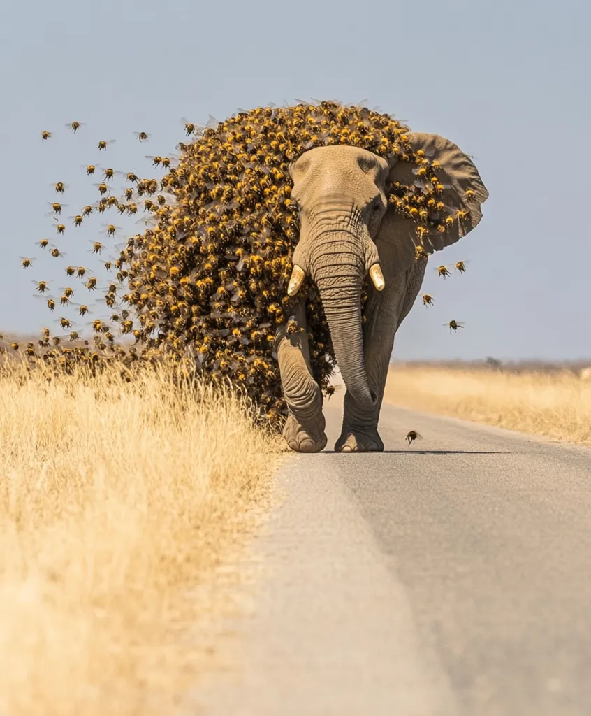 A large African elephant walks down a road, its back and sides covered in a massive swarm of bees.  The bees also surround the elephant's head and trail behind it as it moves forward.  A few stray bees fly near the road.  The scene is set against a backdrop of dry, golden grass under a clear sky.
