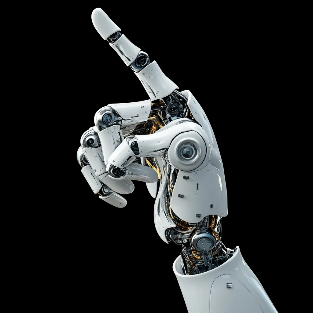 A detailed close-up showcases a sophisticated robotic hand, predominantly white with metallic accents, against a stark black backdrop.  The hand is articulated, with visible mechanical joints and internal mechanisms. Its index finger points upward, suggesting a gesture of selection or indication. The image emphasizes the intricate design and futuristic aesthetics of the robotic limb.