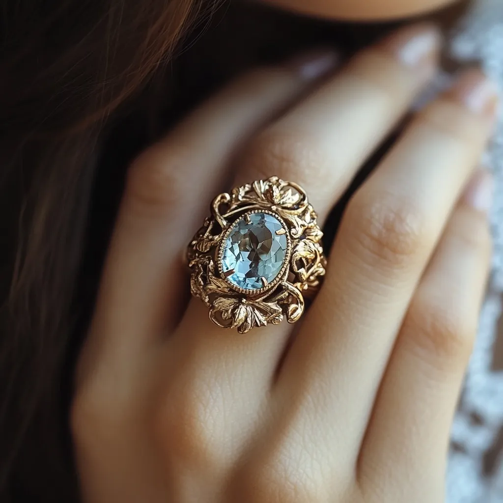 A close-up showcases a woman's hand adorned with a striking ring. The ring features a large, oval-shaped light blue gemstone, possibly aquamarine, nestled within an intricate gold setting.  The gold design is ornate, resembling delicate floral or leaf motifs, characteristic of Art Nouveau or antique styles.  The ring rests on a finger, with the woman's hand gently cradled. The overall aesthetic is one of elegance and refined beauty.