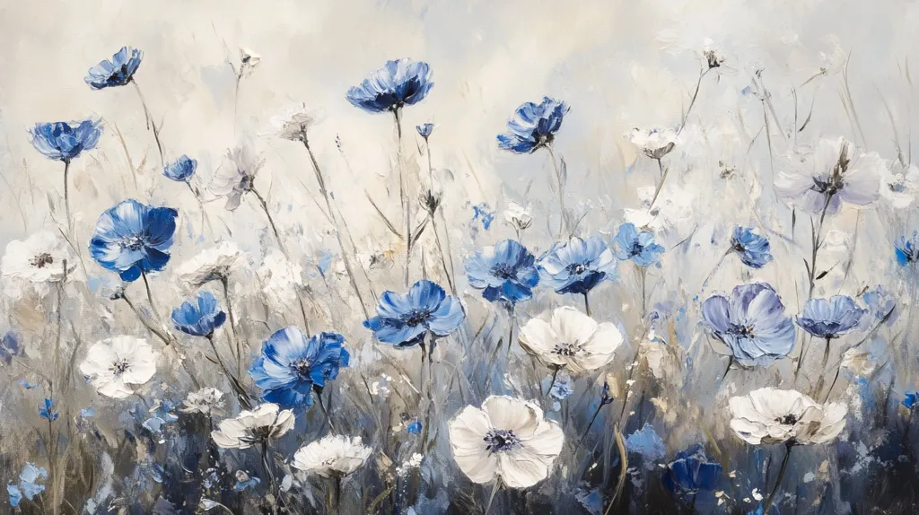 A serene oil painting depicts a field of wildflowers in varying shades of blue and white.  The flowers, possibly poppies or anemones, are rendered with visible brushstrokes, creating a textured effect.  The background is a soft, muted beige, enhancing the vibrancy of the blooms. The overall mood is peaceful and calming, evoking a sense of tranquility and natural beauty.