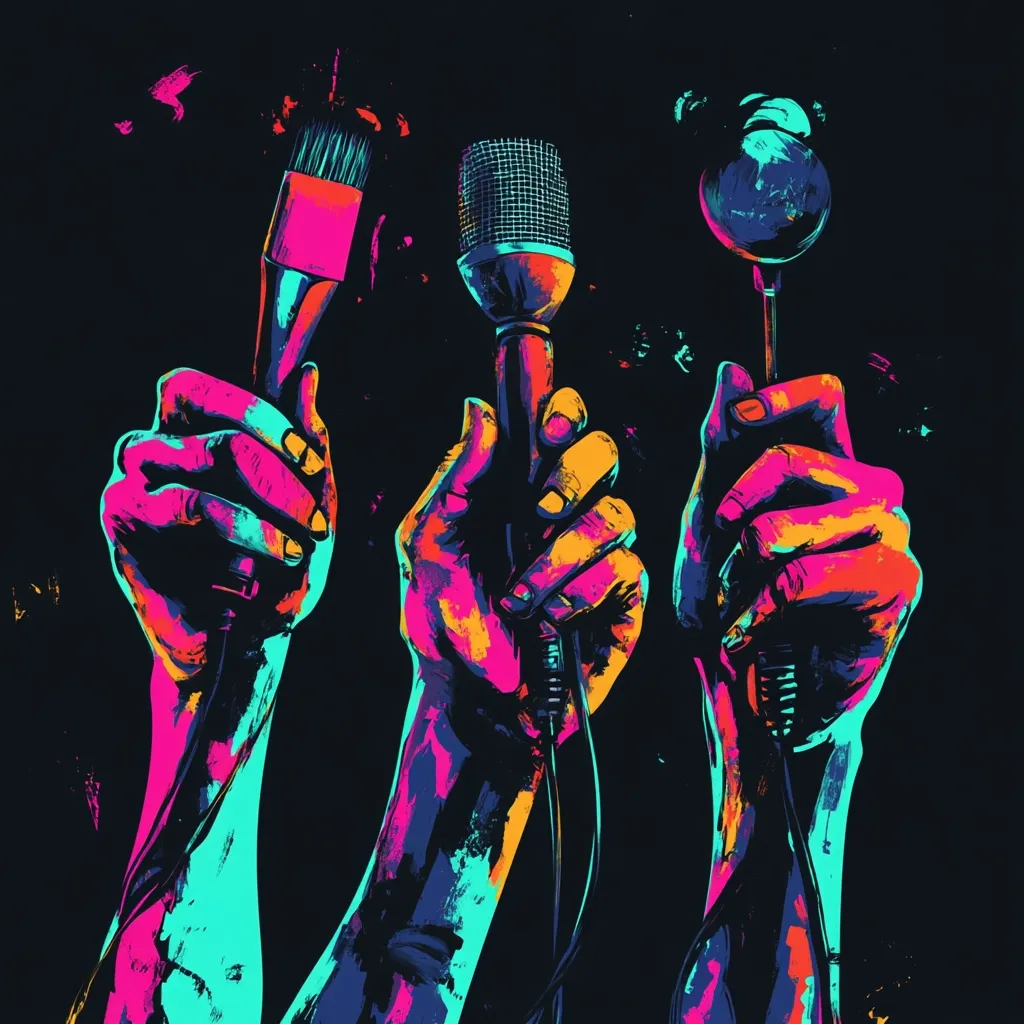 Three hands, rendered in vibrant neon colors against a black background, hold a paintbrush, a microphone, and a stylized lollipop.  The bold, expressive style suggests creativity and performance. The image is dynamic and visually striking, possibly representing artistic expression and the tools of a performer.  The contrasting colors and energetic brushstrokes create a powerful visual impact.