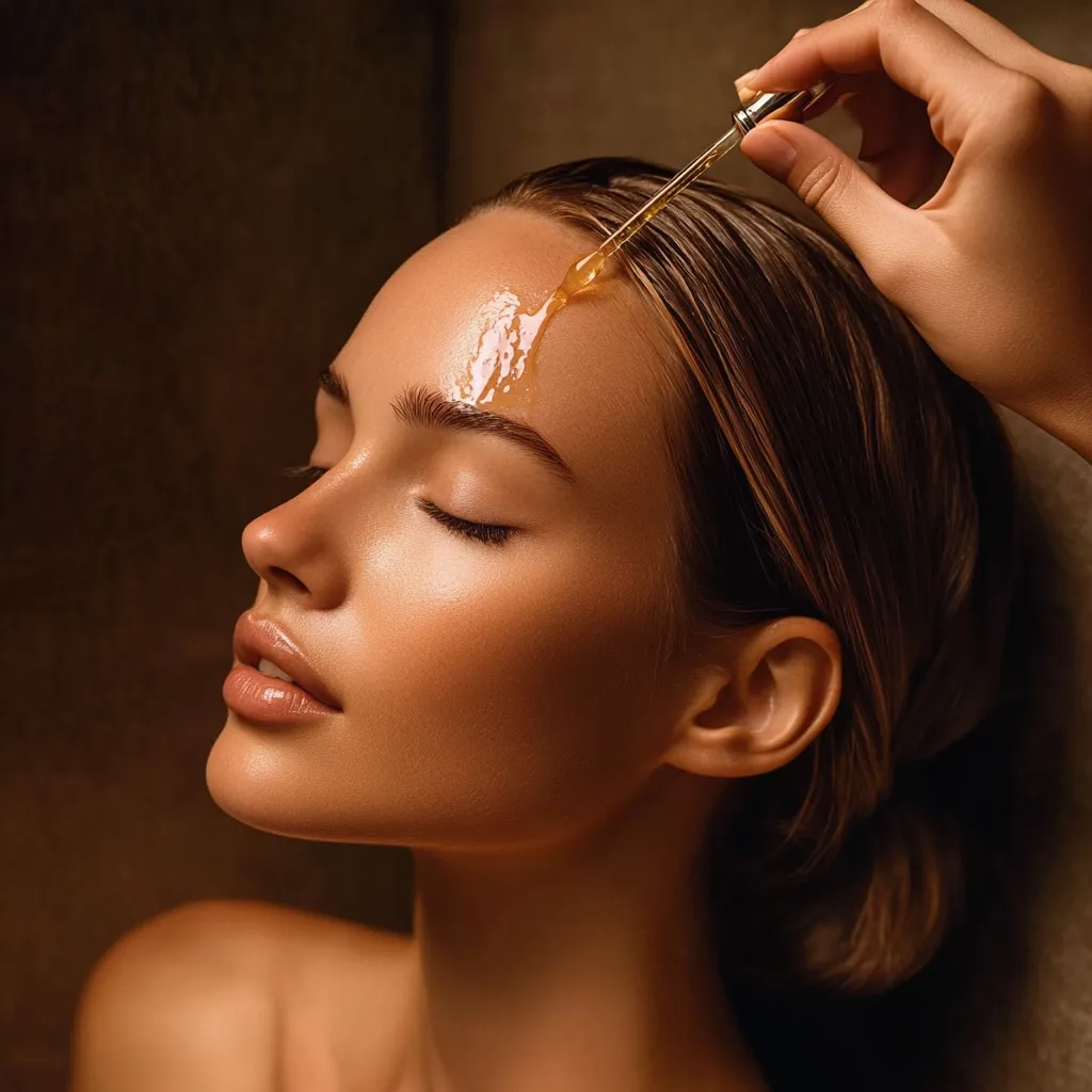 Close-up of a woman receiving a facial treatment.  A hand delicately applies a golden oil or serum to her forehead using a dropper. Her eyes are closed, suggesting relaxation. The warm lighting and smooth skin create a luxurious and serene atmosphere, emphasizing the beauty treatment.  The image promotes skincare and wellness.