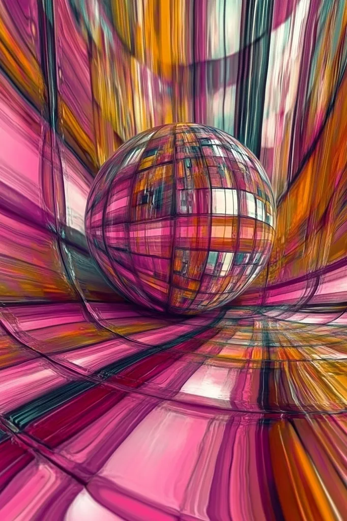 An abstract digital artwork features a vibrant, multicolored sphere resting within a dynamic, swirling landscape.  The sphere reflects the surrounding environment, showcasing a complex pattern of pink, orange, and teal rectangular shapes.  The background is a vibrant, textured expanse of color, with lines converging and diverging to create a sense of depth and movement.  The overall effect is one of striking visual energy and psychedelic beauty.
