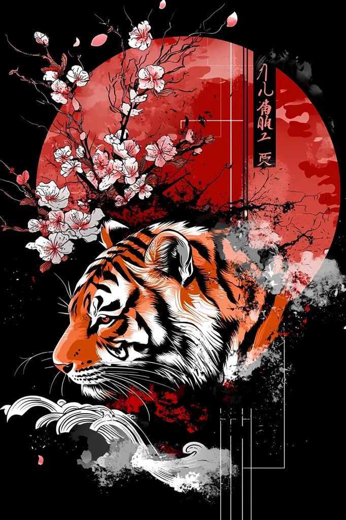 A stylized illustration features a tiger's head, rendered in bold orange and black strokes, set against a backdrop of a large red moon adorned with blossoming cherry branches.  Water-like patterns cascade below, adding a dynamic element.  Japanese characters are subtly incorporated, enhancing the artistic composition's Eastern aesthetic.  The overall style is a blend of traditional Japanese art and modern graphic design.