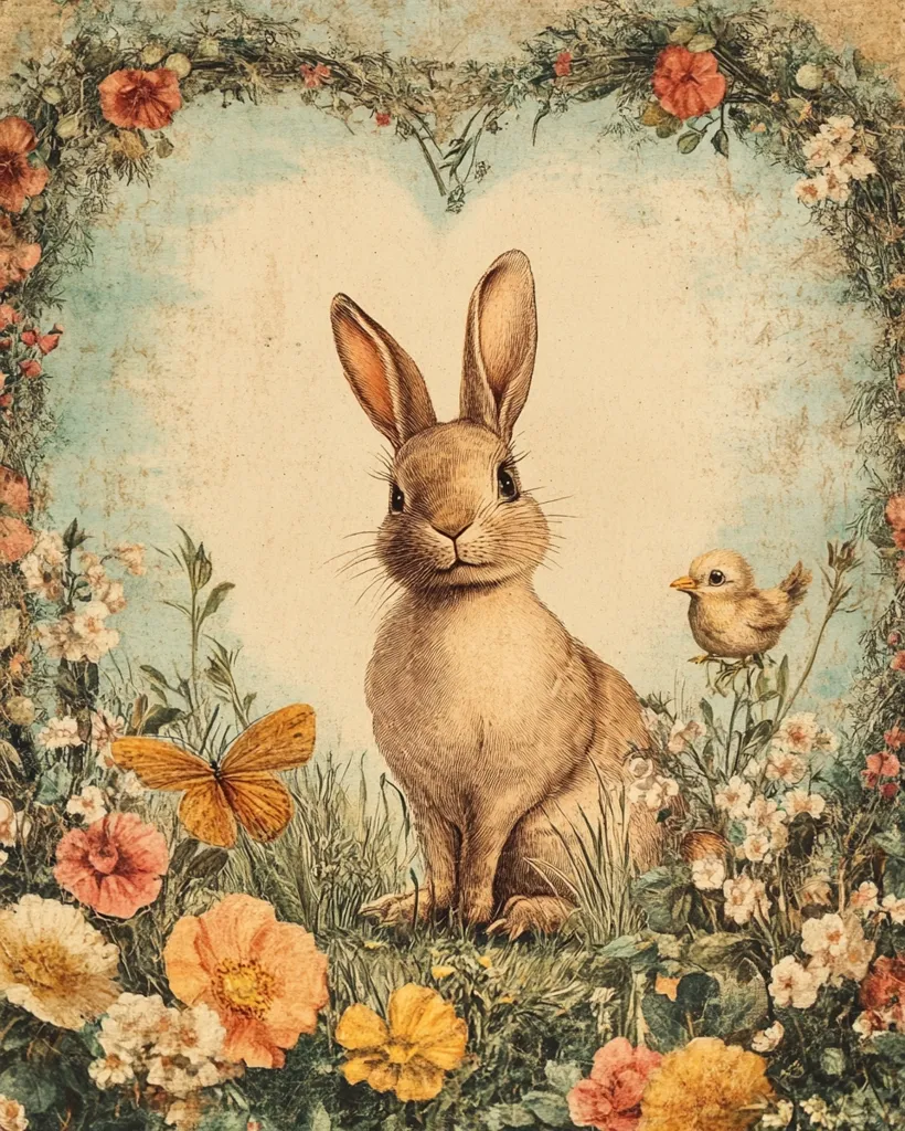 A vintage-style illustration depicts a brown rabbit seated amidst a vibrant floral heart border.  Delicate wildflowers, a butterfly, and a small bird surround the rabbit, creating a charming springtime scene. The image evokes a nostalgic, romantic feel with its muted colors and detailed botanical elements.  The artwork's texture suggests an aged paper or print.