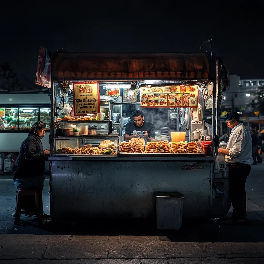 A brightly lit food stall at night is bustling with activity.  Two men work behind the counter, preparing and serving food.  A customer sits at a small stool, waiting for their order.  The stall is stocked with various fried foods and other dishes, displayed in enticing stacks.  Menus showcasing the available items are visible, creating a vibrant and lively street food scene.