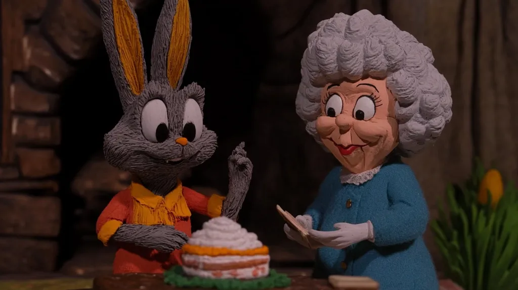 A grey rabbit in an orange shirt sits at a table next to an elderly woman with grey hair.  The woman, dressed in blue, holds a book.  Between them sits a layered cake with white frosting. The scene is set against a dark, rustic stone backdrop, suggesting a cozy, possibly vintage, setting.  The figures appear to be crafted from clay or a similar material.