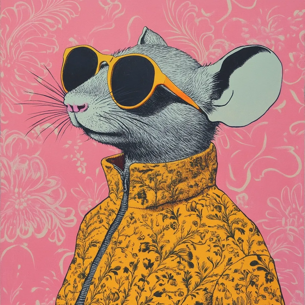 A stylized illustration of a gray mouse wearing bright yellow, floral-patterned zip-up jacket and oversized orange sunglasses.  The mouse is depicted in profile, looking to its left, against a pink background with a subtle floral pattern. The image has a retro, almost vintage aesthetic. The style is graphic and bold with meticulous linework.