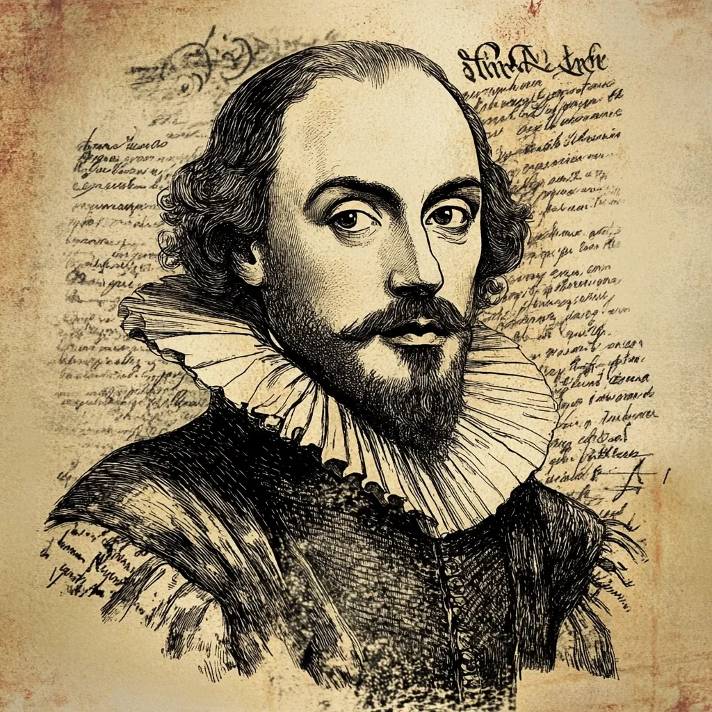 A detailed black and white etching of William Shakespeare dominates the image.  His face, etched with lines suggesting age and wisdom, is framed by a large, ruffled collar typical of Elizabethan fashion.  The background features a parchment-like texture overlaid with stylized handwriting, creating an antique aesthetic reminiscent of Shakespeare's era.  The overall style is reminiscent of a vintage illustration or print.