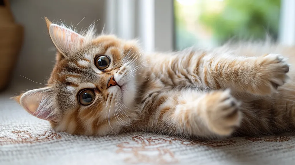 An adorable golden tabby kitten lies on its side, paws outstretched, on a soft, textured surface.  Its large, expressive eyes are wide open, gazing towards the viewer. The fluffy fur is highlighted by soft light filtering through a nearby window, creating a heartwarming and charming image.