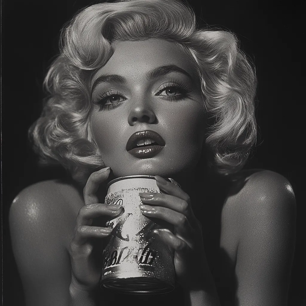 A black and white, close-up portrait of a woman styled like Marilyn Monroe.  Her blonde hair is styled in iconic curls, and she gazes directly at the camera with a sultry expression.  She delicately holds a condensation-covered can to her chin. The dramatic lighting and monochromatic palette enhance the classic Hollywood glamour.