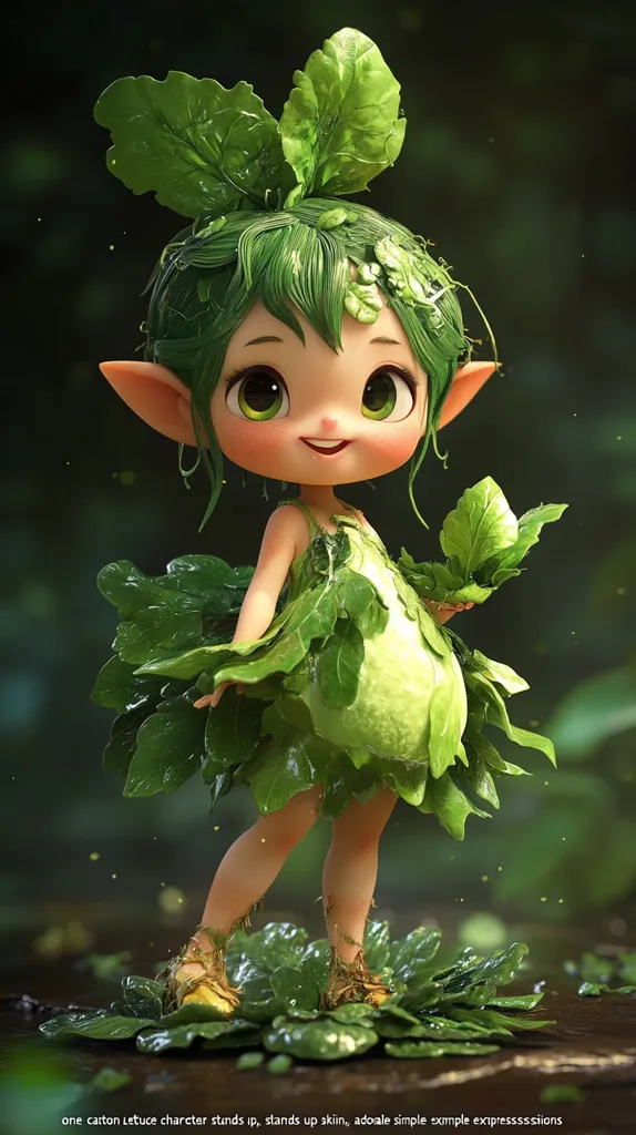 A charming cartoon lettuce character, with elf-like ears and bright green hair adorned with lettuce leaves, stands gracefully.  She wears a dress crafted from lettuce leaves and has a sweet, simple expression.  The character's skin is smooth and fair, contrasting with the vibrant green of her attire. The scene is lush and verdant, with droplets of water adding a touch of magic.