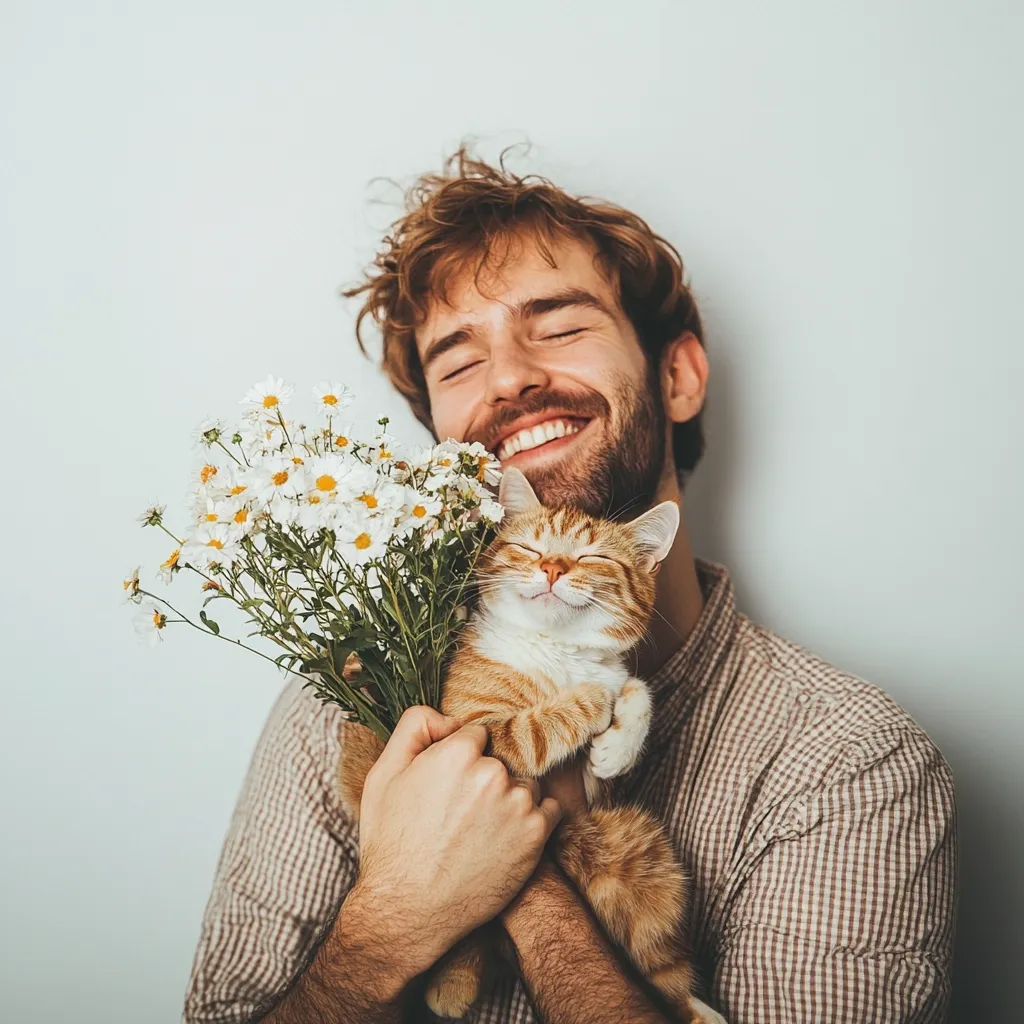 A smiling man with curly brown hair and a beard holds a ginger cat and a bouquet of daisies close to his chest.  He's wearing a brown and white checked shirt. The cat appears content and relaxed nestled in his arms. The overall mood is warm and affectionate.