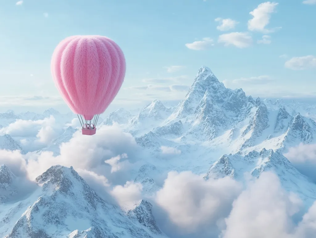 A whimsical pink, fluffy hot air balloon floats serenely above a breathtaking landscape of snow-capped mountains and fluffy clouds.  The balloon, seemingly made of fur, contrasts beautifully with the crisp white of the peaks and the soft pastel hues of the sky. The scene evokes a sense of peaceful adventure and magical wonder.