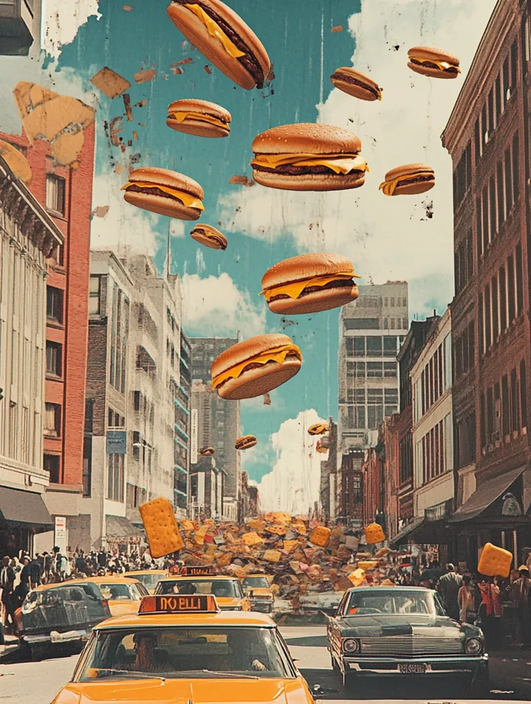 A whimsical collage depicts a city street scene bombarded by falling cheeseburgers and crackers.  Yellow cabs navigate a growing pile of snacks in the middle of the road, while numerous burgers float against a vibrant, partly cloudy sky.  The buildings lining the street are vintage, creating a surreal and humorous juxtaposition of everyday life and unexpected food-based chaos.