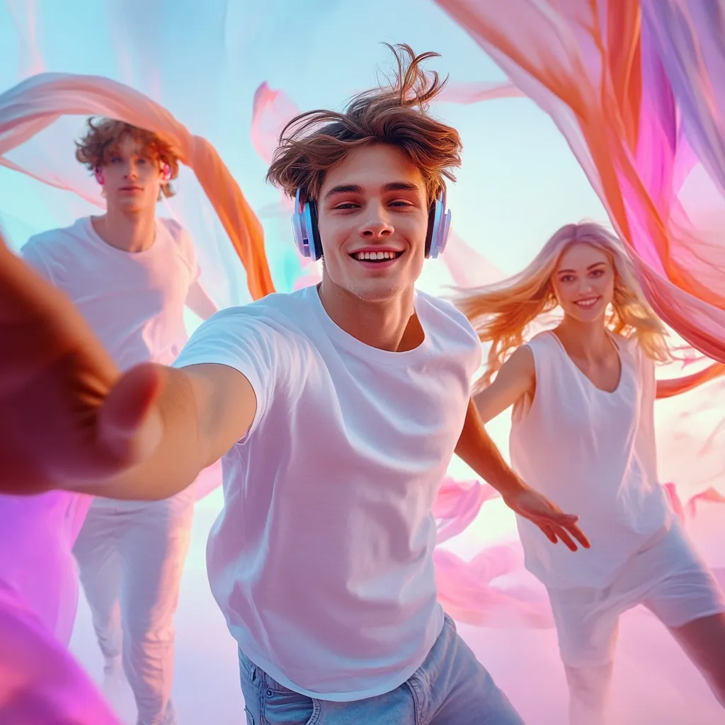 Three young adults, a man and two women, joyfully dance amidst flowing pastel fabrics.  The central man wears headphones and extends his arm towards the viewer, creating a dynamic selfie-style composition.  They are dressed in simple white tops, light jeans and are bathed in a soft, colorful light, conveying a sense of carefree happiness and youthful energy.