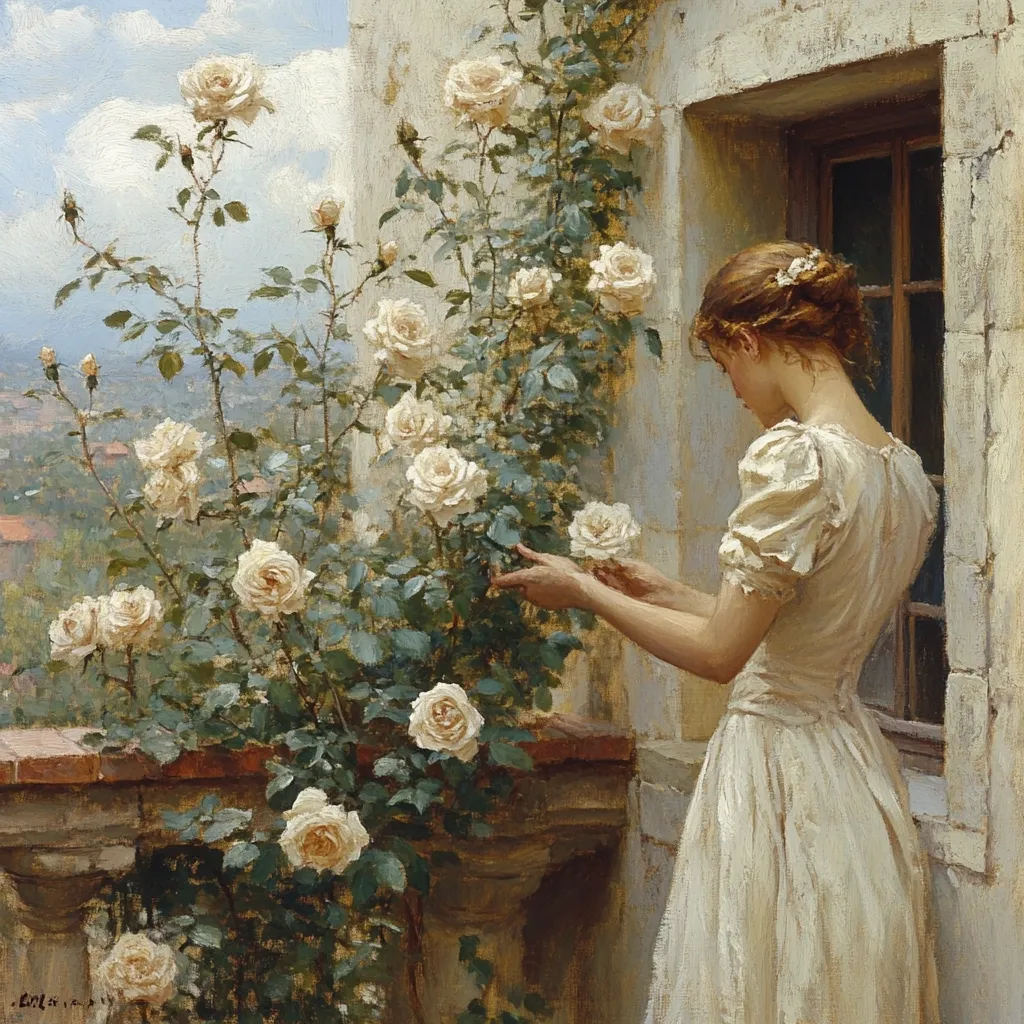 A young woman in a flowing white dress stands on a balcony, delicately tending to a climbing rose bush laden with creamy white blossoms.  The scene is bathed in soft light, with a tranquil countryside visible in the background. The painting evokes a sense of serenity and peaceful beauty, emphasizing the gentle interaction between the woman and nature.  The style is reminiscent of classical Impressionism.