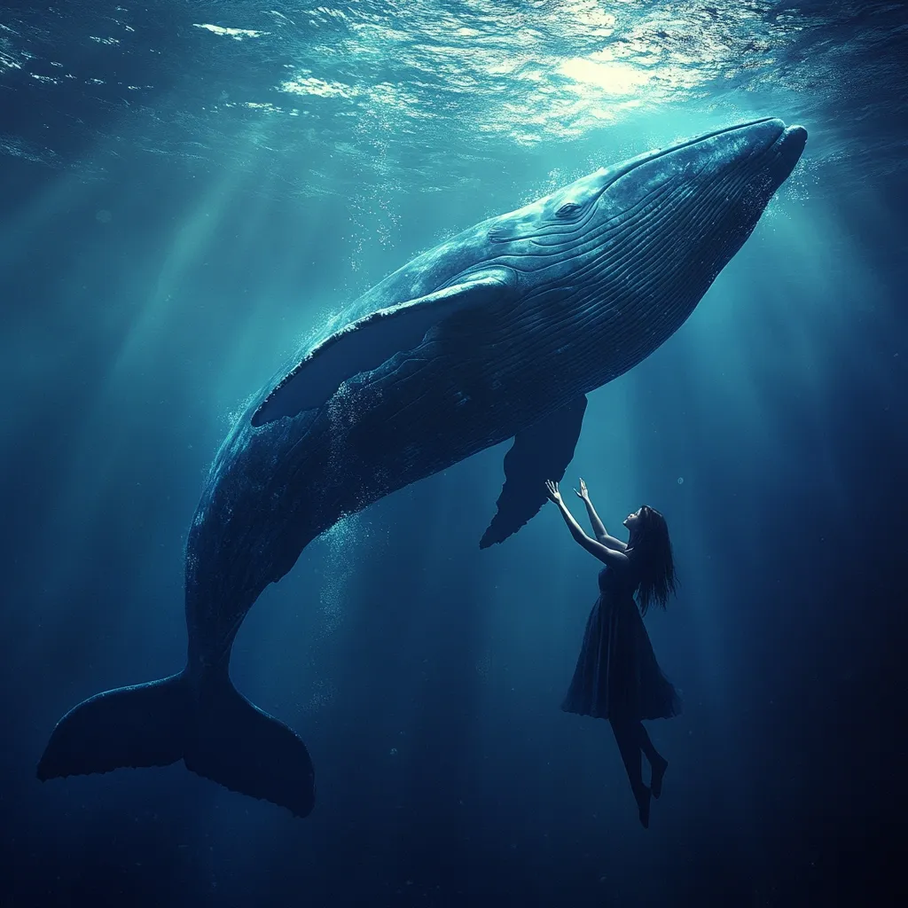 A serene underwater scene depicts a woman in a dark dress reaching towards a colossal whale.  Sunlight streams through the ocean water, illuminating the woman and the whale's immense form. The scene evokes a sense of tranquility and connection between human and nature, a moment of peaceful coexistence in the deep blue.  Bubbles rise gently in the water, adding to the ethereal atmosphere.