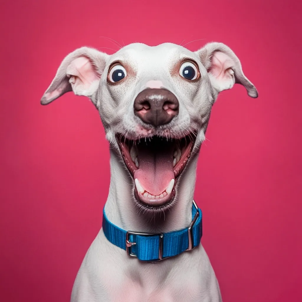 A white Whippet with wide, startled eyes and an open mouth displays a comical expression against a vibrant pink background.  Its large, expressive eyes and enthusiastically open mouth convey a sense of joyful surprise or excitement.  The dog wears a bright blue collar, adding to its playful and energetic appearance.