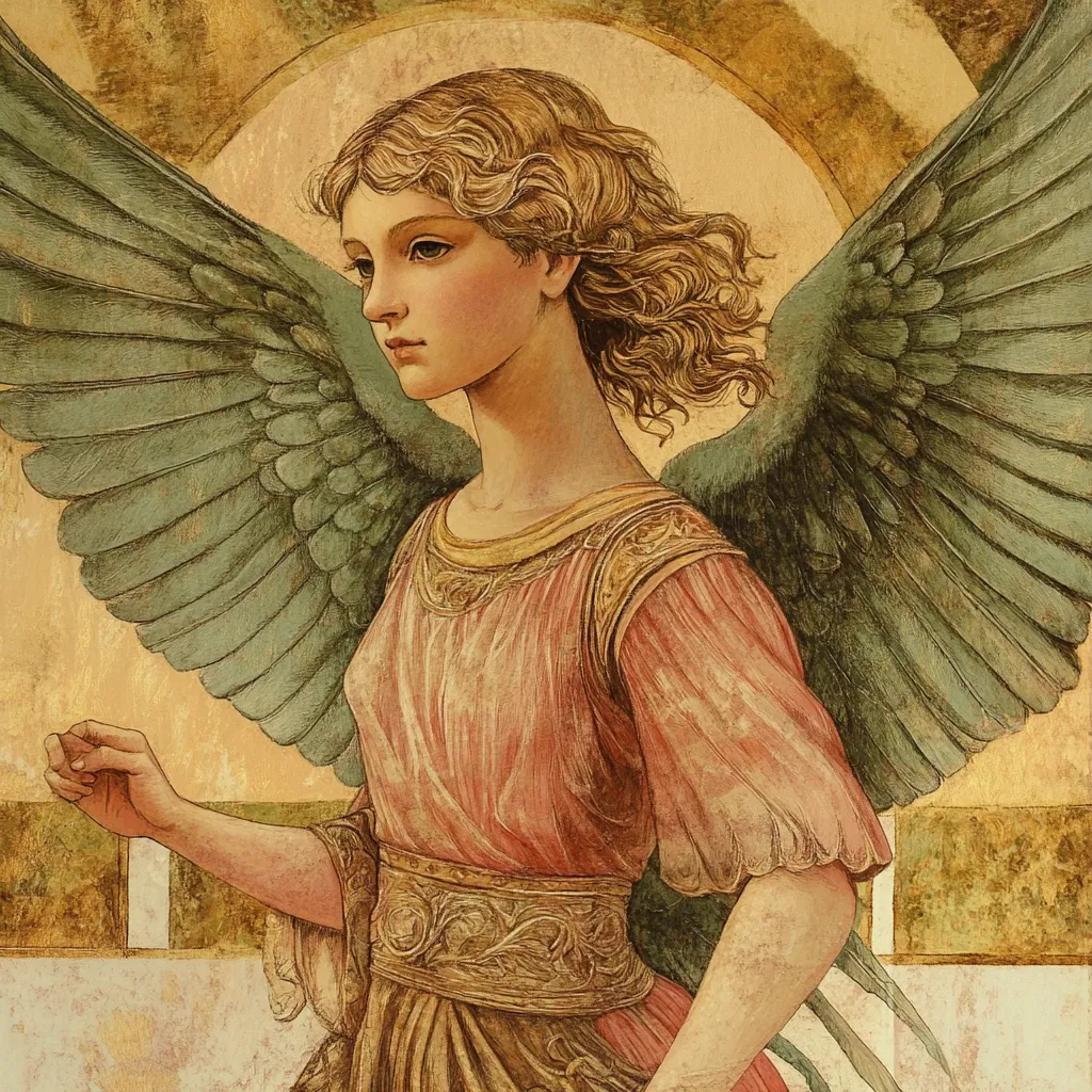 A serene angel with large, teal wings is depicted in a classical style.  Her blonde hair cascades around her shoulders, framing a delicate face.  She wears a flowing, peach-colored gown with a gold-embroidered belt, suggesting a celestial or divine presence. The background is a warm, gilded tone, enhancing the ethereal quality of the image.  The overall mood is one of peaceful grace and spiritual beauty.