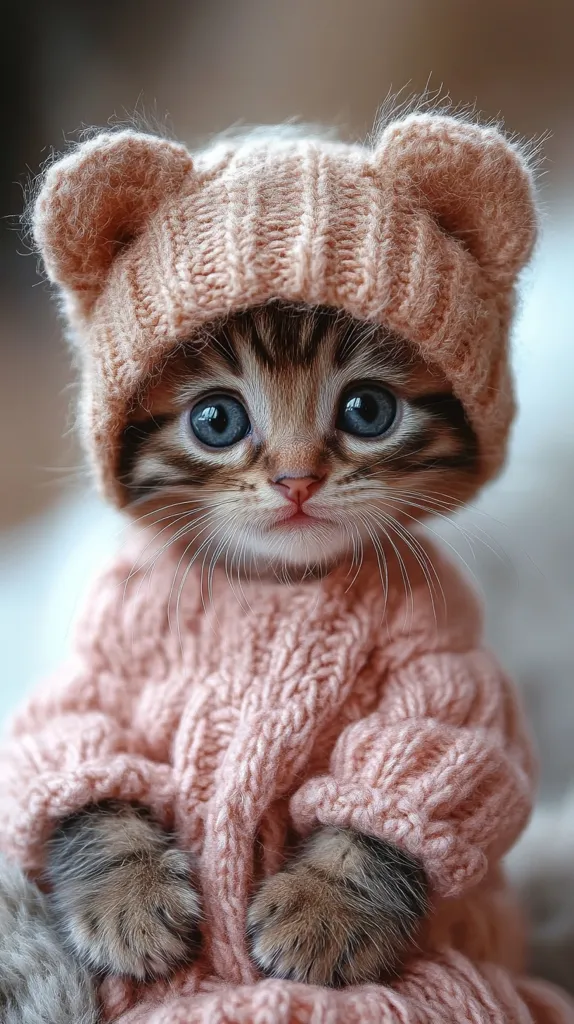 An adorable tabby kitten is snuggled in a cozy, light pink knitted sweater and matching beanie hat.  The kitten's large, expressive blue eyes peek out from the soft wool.  Its paws are tucked neatly beneath the sweater, creating a heartwarming and endearing image. The overall tone is sweet and charming.