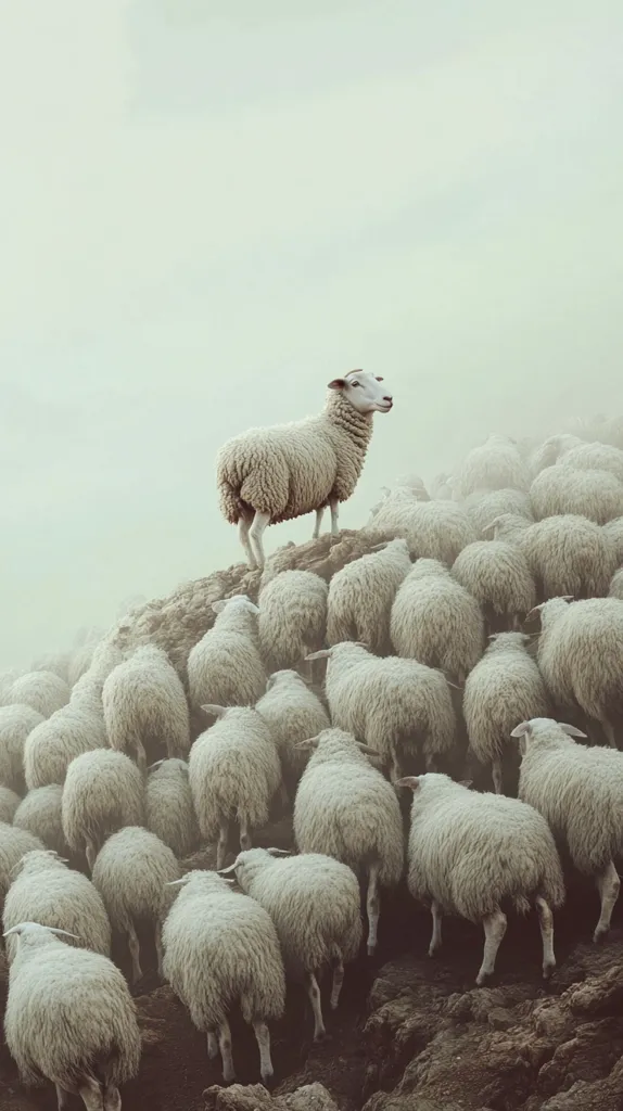 A single white sheep stands atop a small hill, looking out over a large flock of sheep below. The lone sheep is positioned prominently, contrasting against the muted tones of the numerous sheep huddled together on the ground. The scene evokes a feeling of individuality and standing out from the crowd. The atmospheric perspective and soft light enhance the image's overall mood.