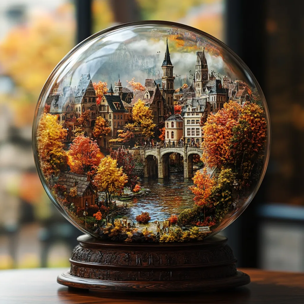 A meticulously crafted glass globe showcases a miniature autumnal cityscape.  Detailed buildings, a stone bridge spanning a river, and vibrant fall foliage are intricately arranged within.  Tiny figures populate the scene, adding to the enchanting ambiance of this miniature world, perfectly encapsulated within the clear sphere and resting on an ornate dark wooden base.
