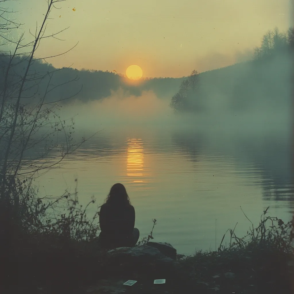 A lone figure sits silhouetted against a tranquil lake at sunset.  Misty fog hangs low over the water, reflecting the golden orb of the sun.  The scene is serene and peaceful, with dark trees lining the water's edge. The overall atmosphere is one of quiet contemplation and solitude.  A sense of mystery is added by two indistinct objects on the ground near the person.